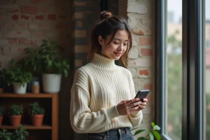 Femme regardant son téléphone affichant 11h01, interprétant l'heure miroir dans un appartement cosy