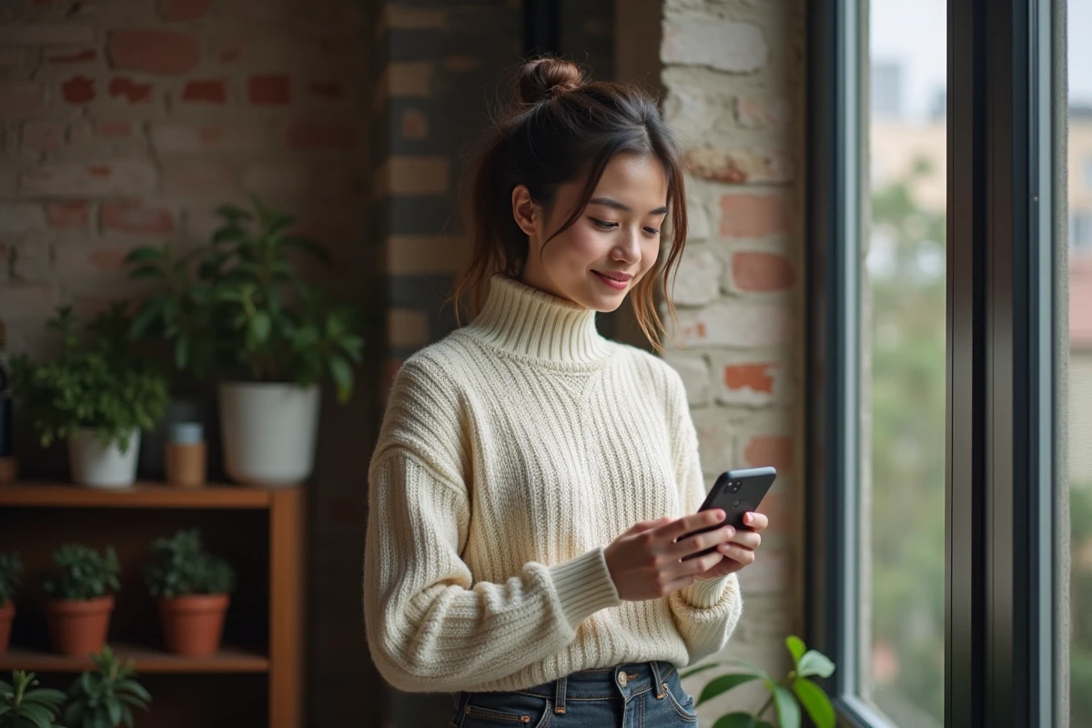 Femme regardant son téléphone affichant 11h01, interprétant l'heure miroir dans un appartement cosy