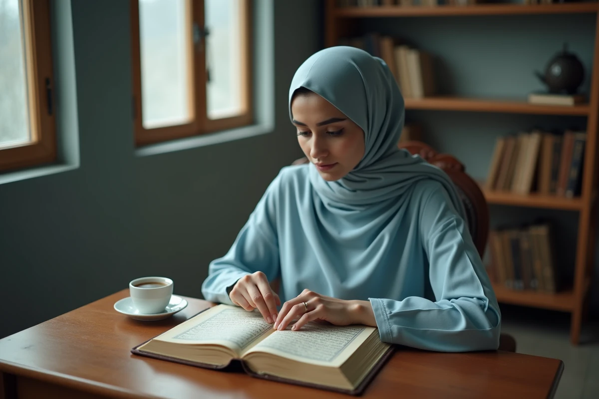 Jeune femme voilée lisant le Coran sur un rehal en bois, en référence aux versets Ayat al-Kursi et Baqara