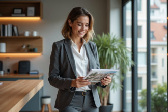 Femme professionnelle en immobilier dans un bureau moderne en France
