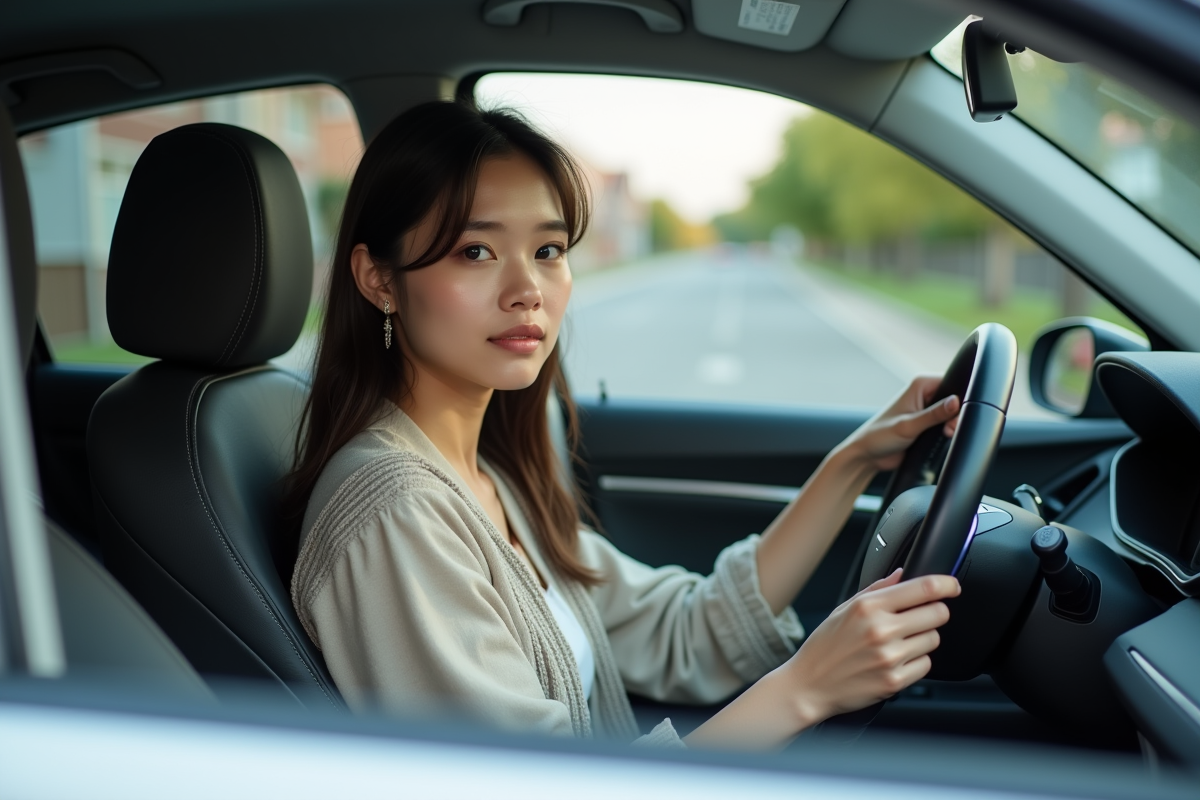Jeune femme dans la voiture essence 2025 regardant devant elle