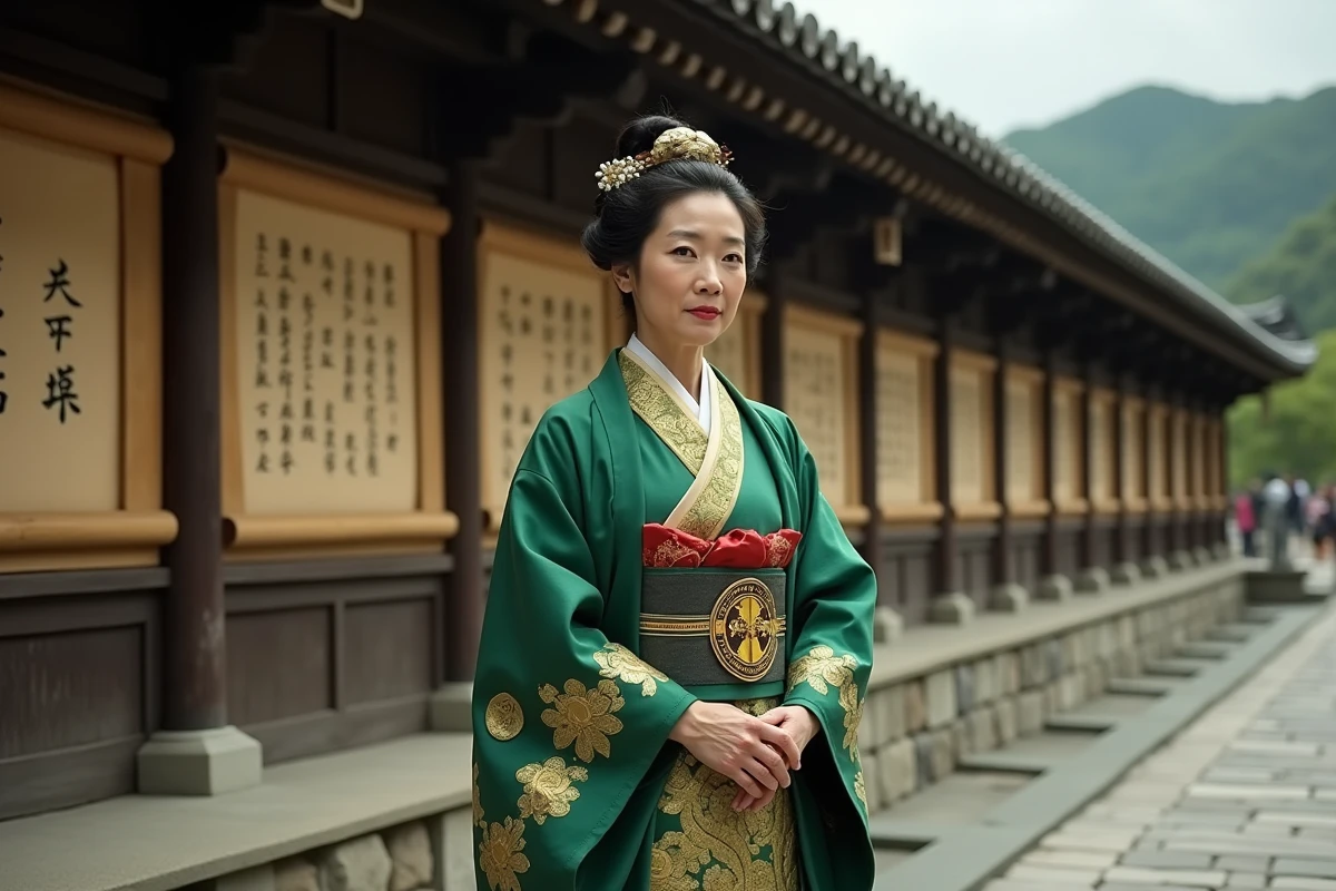 Femme japonaise en kimono vert orné, scène traditionnelle