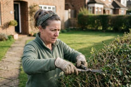 Femme en jardinage taillant une haie dans son jardin