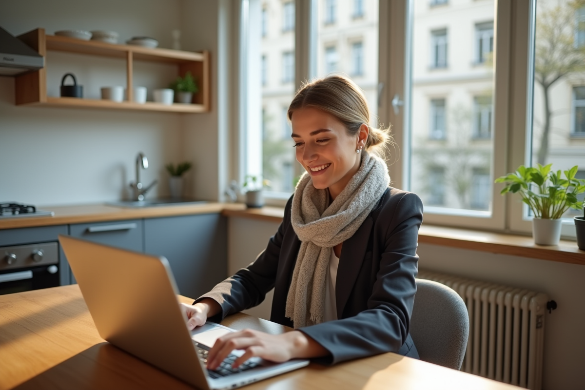 Jeune femme consulte annonces de location dans son appartement