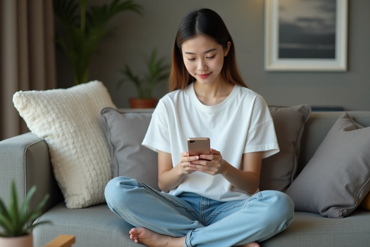 Jeune femme consultant une application de lecture de manga sur smartphone confortablement installée dans son salon
