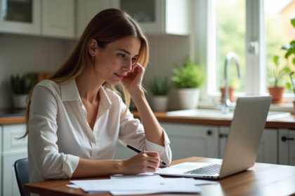 Femme en cuisine lisant des documents avec attention