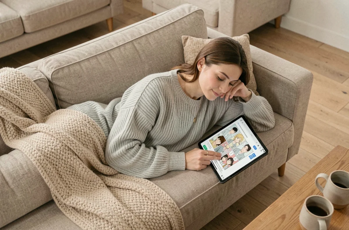 Femme lisant des scans de manga en français sur une tablette dans son salon