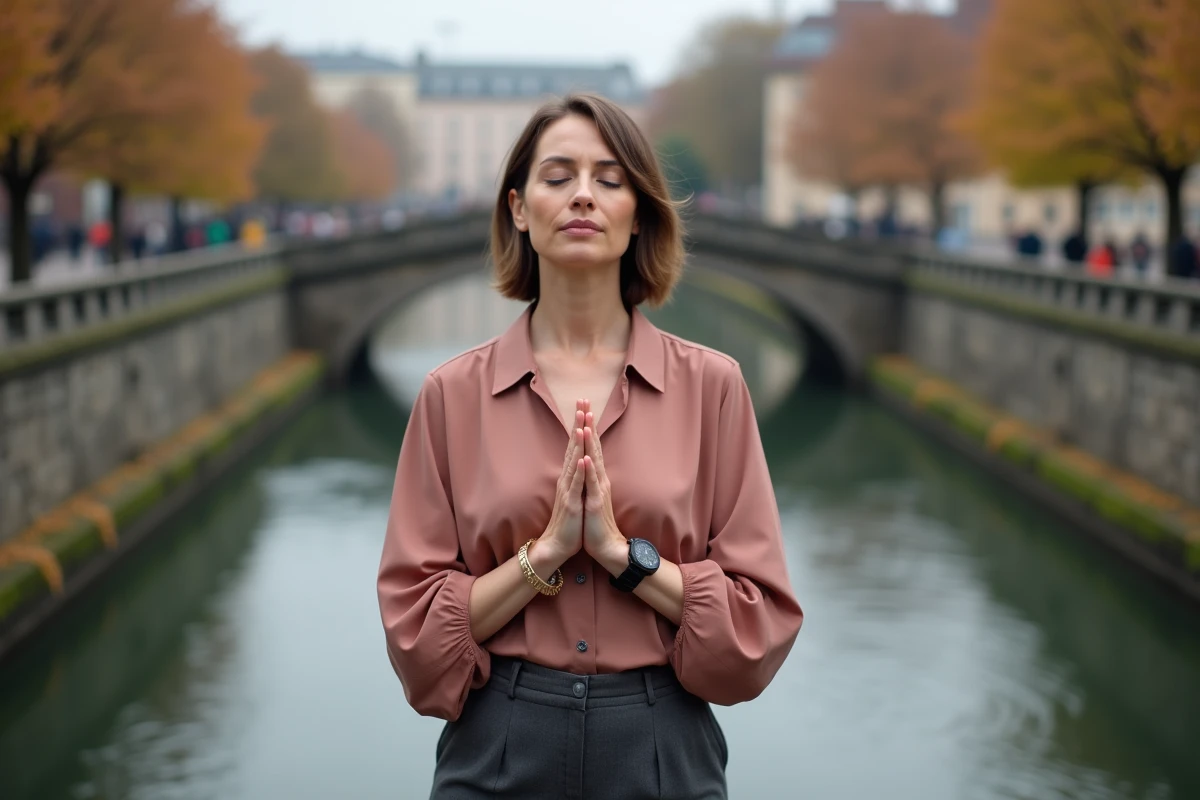 Femme méditant sur un pont avec une montre indiquant 11h01, illustration spirituelle de l'heure miroir