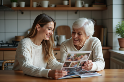 Femme et mère regardant un album photo en cuisine chaleureuse