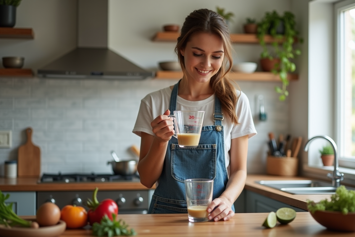 Femme en cuisine vérifiant la mesure de 30 cl