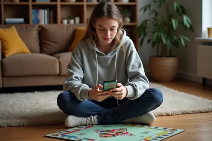 Jeune femme jouant à Monopoly Go sur smartphone devant un plateau de jeu Monopoly physique dans un salon cosy