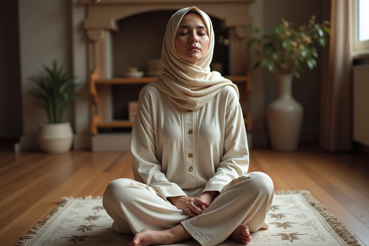 Femme musulmane en prière sur un tapis de prière après la récitation de la douaa istikhara chez elle