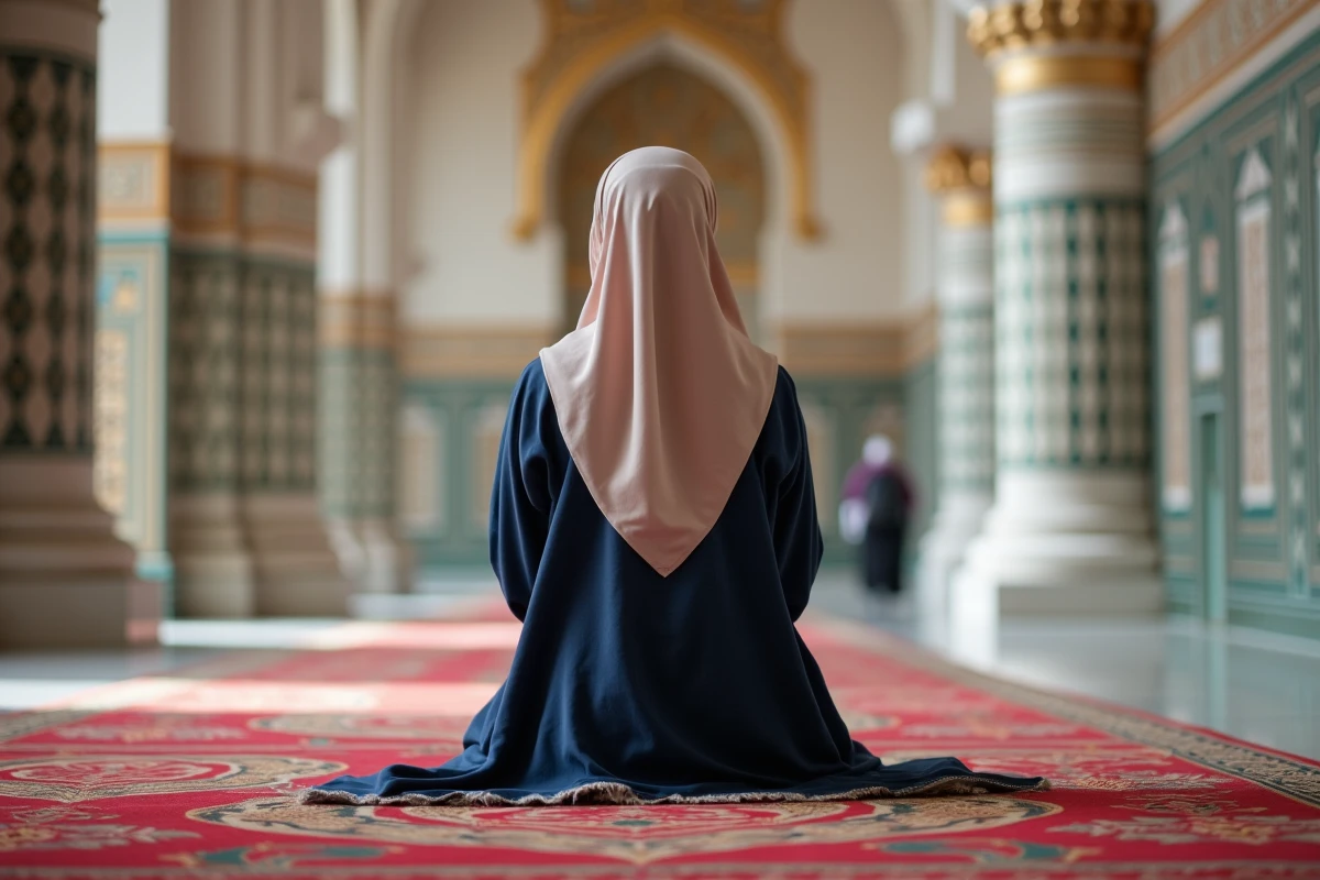 Jeune femme musulmane priant dans une mosquee élégante