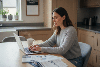Jeune femme concentrée utilisant un ordinateur dans la cuisine