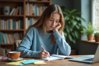Jeune femme concentrée prenant des notes dans un bureau cosy