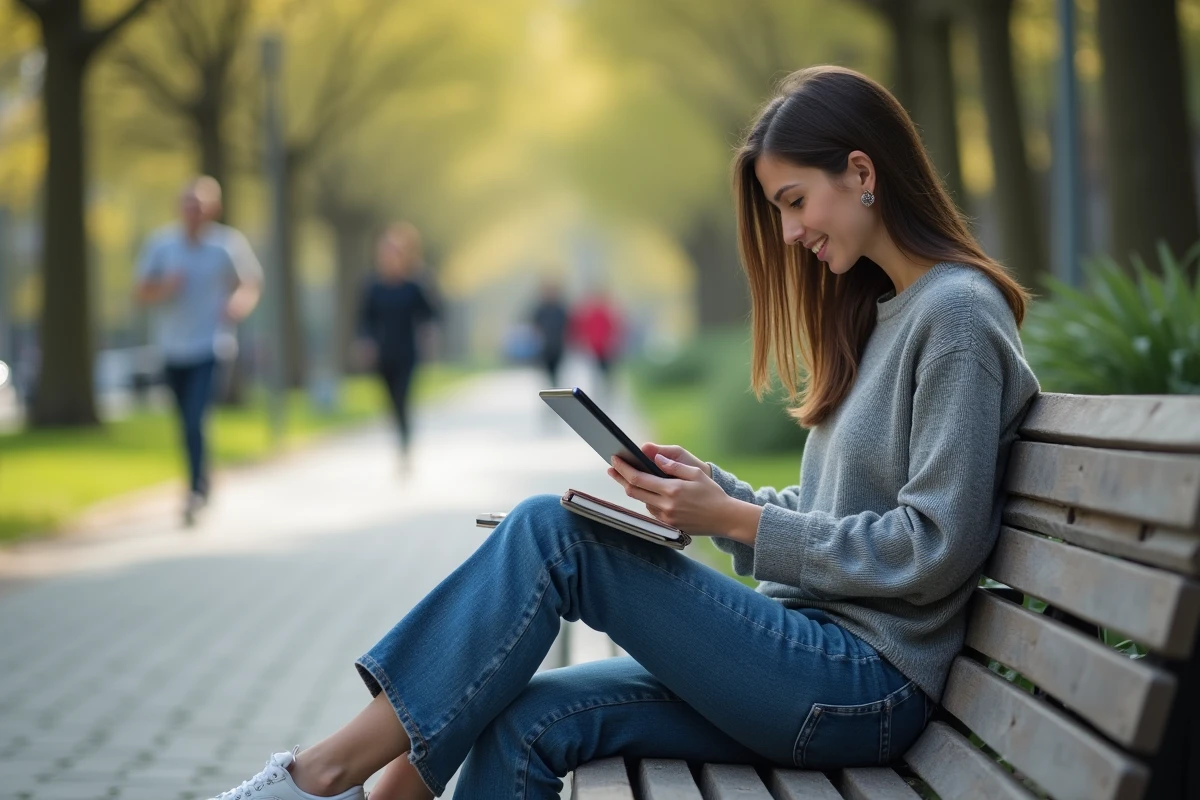 Jeune femme utilisant une tablette dans un parc urbain en plein air
