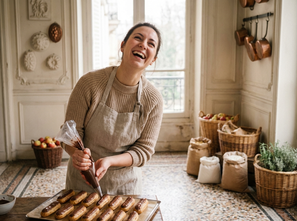 Jeune femme souriante décorant des éclairs en cuisine