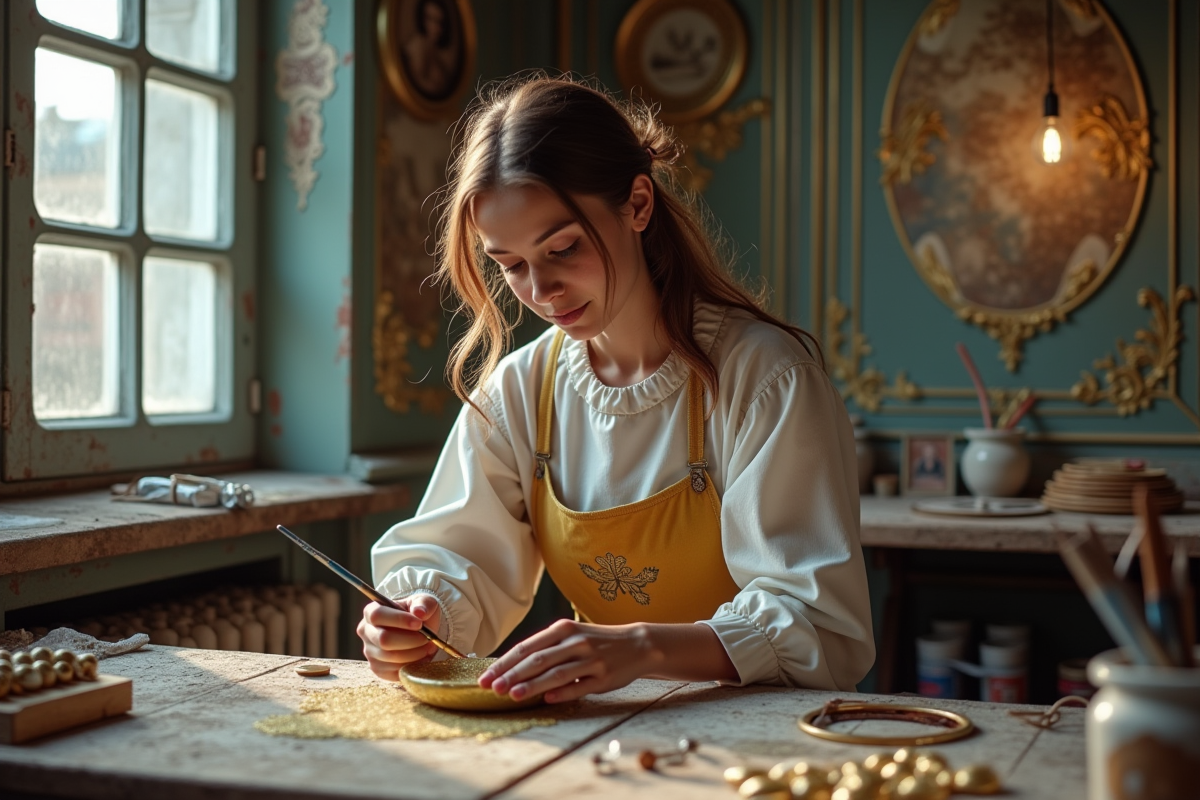 Jeune femme appliquant de la feuille d or dans un atelier créatif