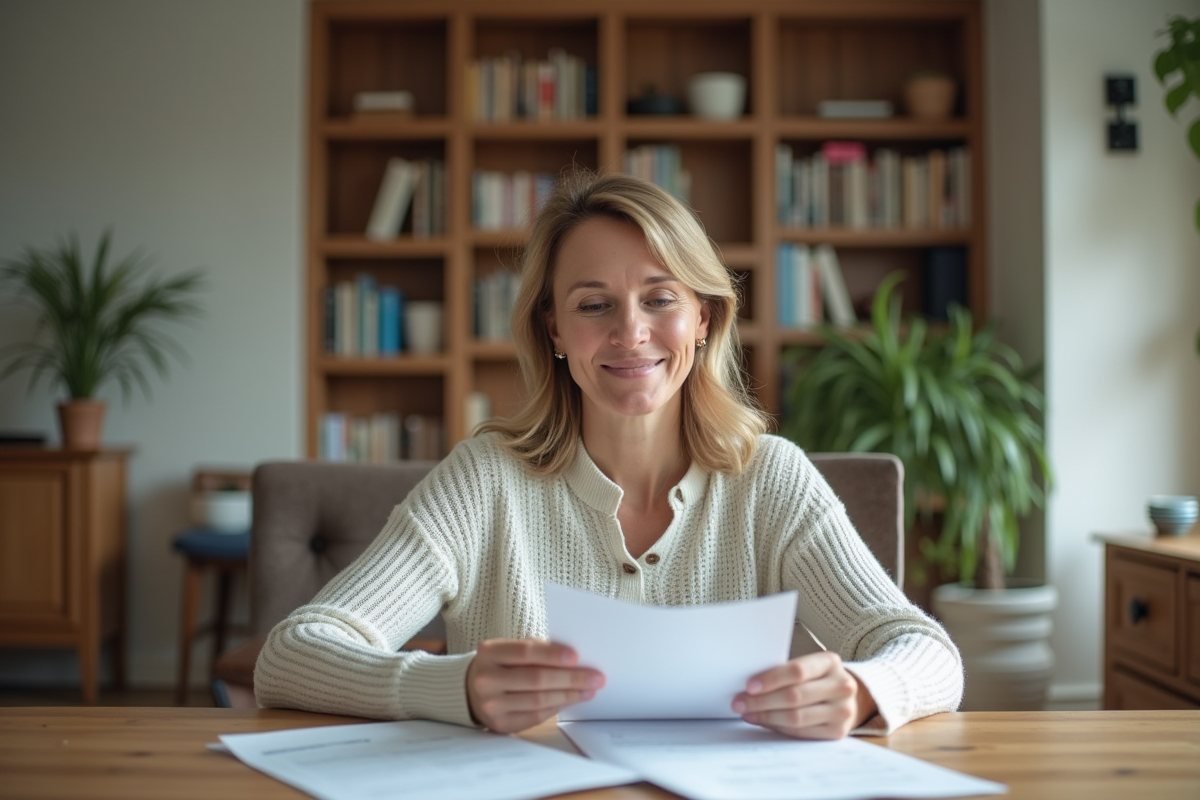 Femme d'âge moyen examinant des documents de prêt immobilier