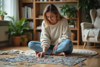 Femme d'âge moyen assemble un puzzle dans un salon cosy