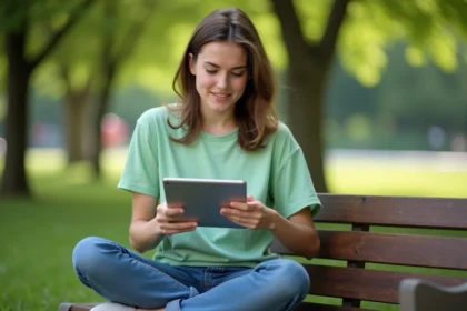 Femme utilisant une tablette pour répondre à un quiz Google sur la journée de la Terre dans un parc verdoyant