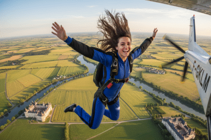 Jeune femme sautant en parachute au-dessus de la Loire