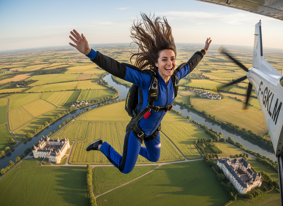 Jeune femme sautant en parachute au-dessus de la Loire
