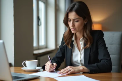 Femme d affaires signant un document important dans un appartement moderne