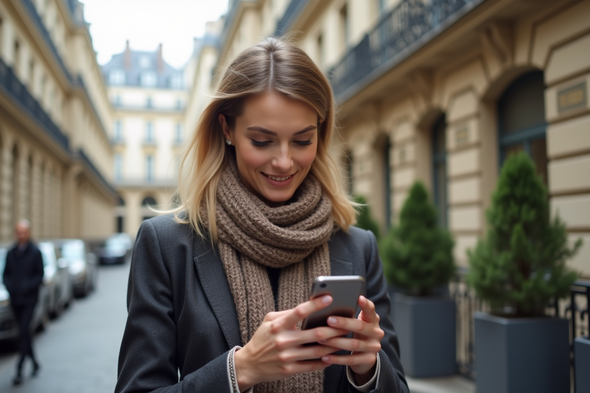 Femme élégante avec blazer devant un immeuble parisien