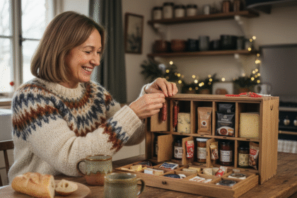 Femme souriante découvrant un calendrier de l'Avent artisanal