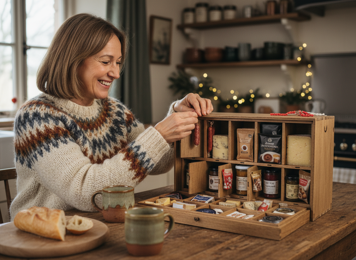 Femme souriante découvrant un calendrier de l'Avent artisanal