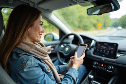 Femme souriante dans une voiture avec smartphone affichant une application de covoiturage