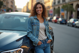 Femme souriante en denim près d'une voiture moderne en ville