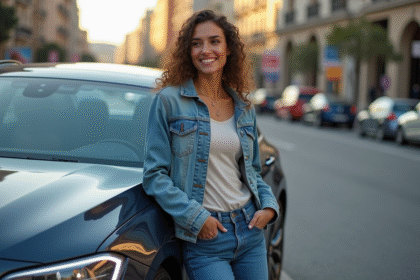 Femme souriante en denim près d'une voiture moderne en ville
