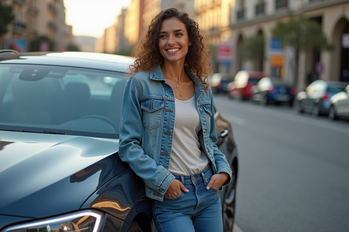 Femme souriante en denim près d'une voiture moderne en ville