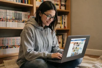 Jeune femme consultant un site de suivi de séries manga sur son ordinateur portable dans sa chambre entourée de volumes manga