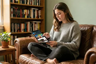 Jeune femme suivant plusieurs séries en même temps sur une tablette depuis son canapé