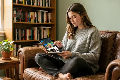 Jeune femme suivant plusieurs séries en même temps sur une tablette depuis son canapé