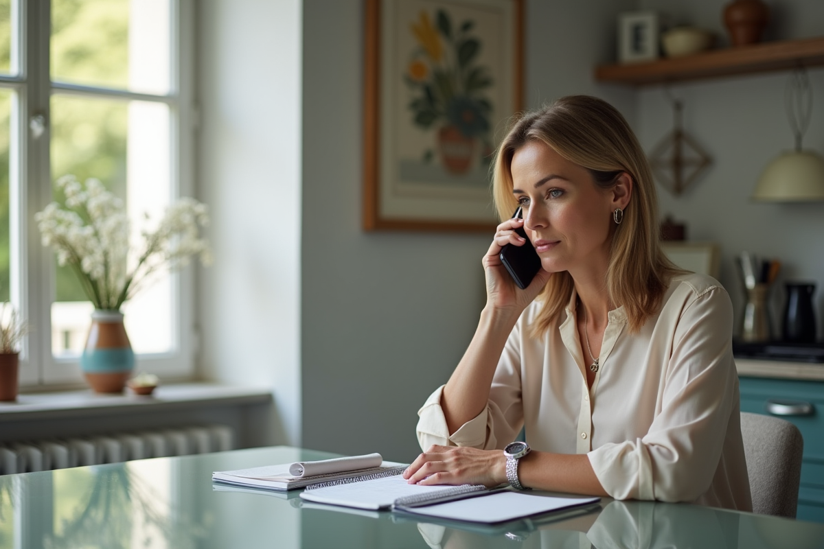 Femme d'âge moyen parlant au téléphone dans une cuisine moderne