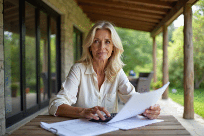 Femme d'âge moyen sur terrasse lisant documents et calculatrice