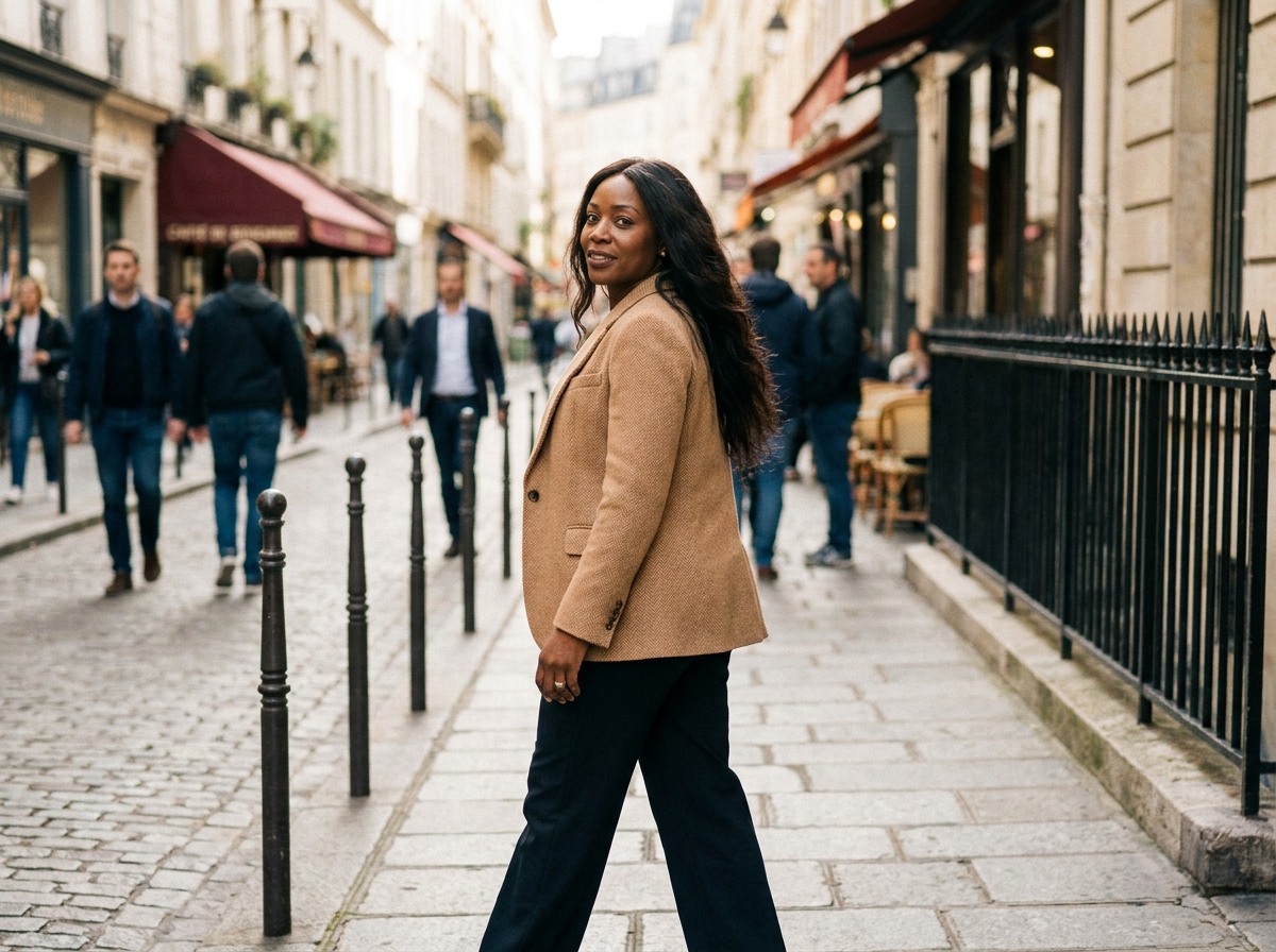 Femme élégante avec un tissage long marchant dans une rue de ville avec assurance
