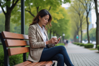 Femme d'âge moyen sur un banc en ville observant son téléphone