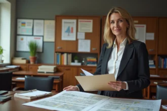 Femme d affaires examinant des plans urbains dans un bureau municipal