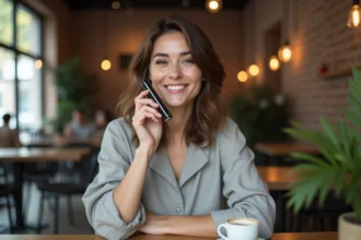 Femme tenant un e-liquide premium dans un café moderne, illustrant une expérience de vape quotidienne raffinée