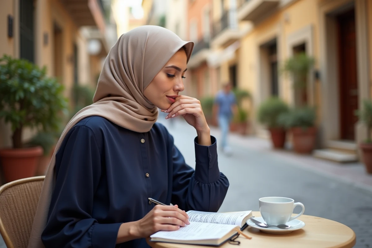Femme voyageuse consultant un horaire de prière dans un café du centre-ville de Toulon
