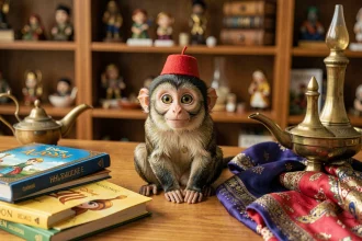 Figurine détaillée d'Abu le singe d'Aladdin Disney avec fez rouge entourée d'accessoires orientaux et de livres illustrés
