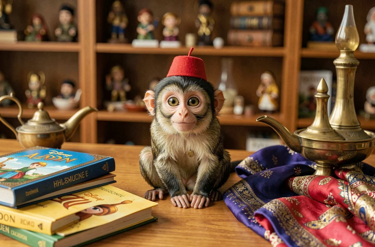 Figurine détaillée d'Abu le singe d'Aladdin Disney avec fez rouge entourée d'accessoires orientaux et de livres illustrés