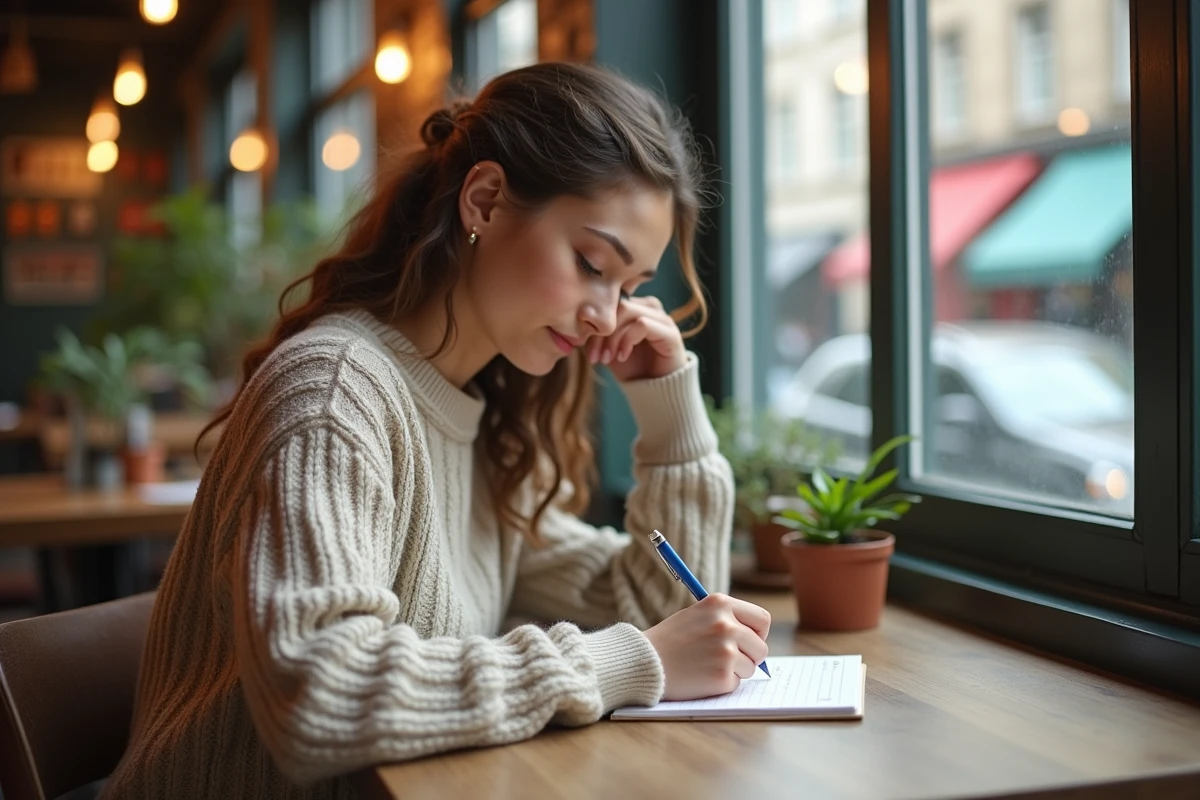 Fille écrivant un message d anniversaire dans un café urbain