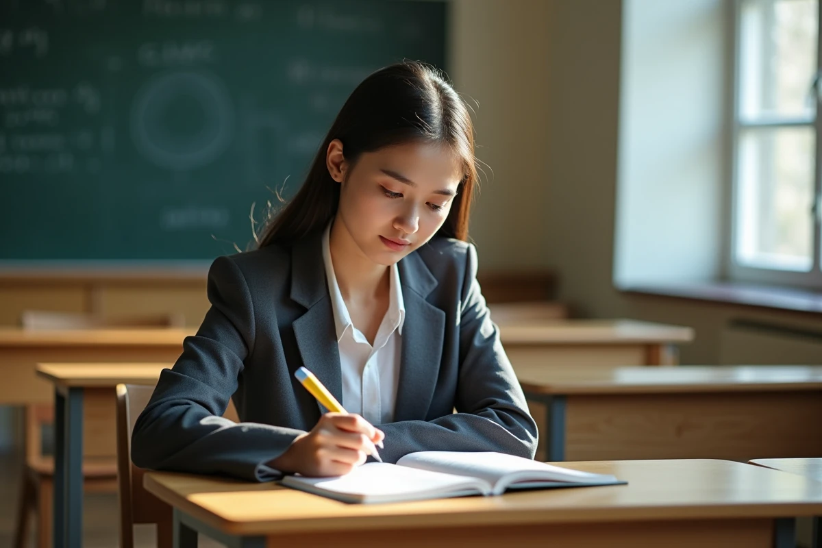 Jeune femme lisant et soulignant un code civil en classe
