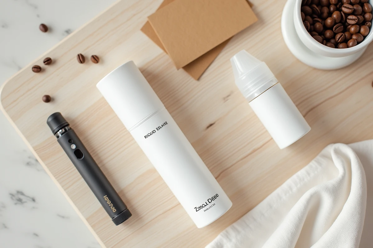 Flat lay de flacons d'e-liquides premium avec un vaporisateur moderne sur une surface en bois, esthétique lifestyle minimaliste